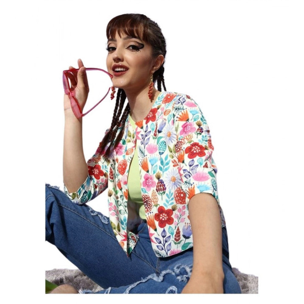 Multicolor polyester floral 3/4th sleeves shrug for women, round neck, button closure, waist length