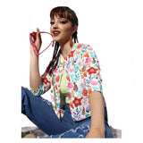Multicolor polyester floral 3/4th sleeves shrug for women, round neck, button closure, waist length