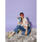 Multicolor polyester floral 3/4th sleeves shrug for women, button closure, waist-length round neck