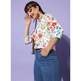 Multicolor polyester floral 3/4th sleeves shrug for women, round neck, waist length, button closure