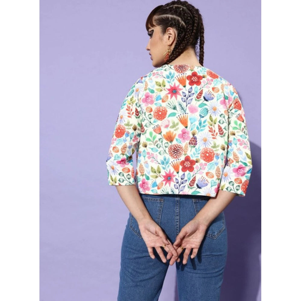 Multicolor polyester floral 3/4th sleeves women's shrug with round neck and button closure