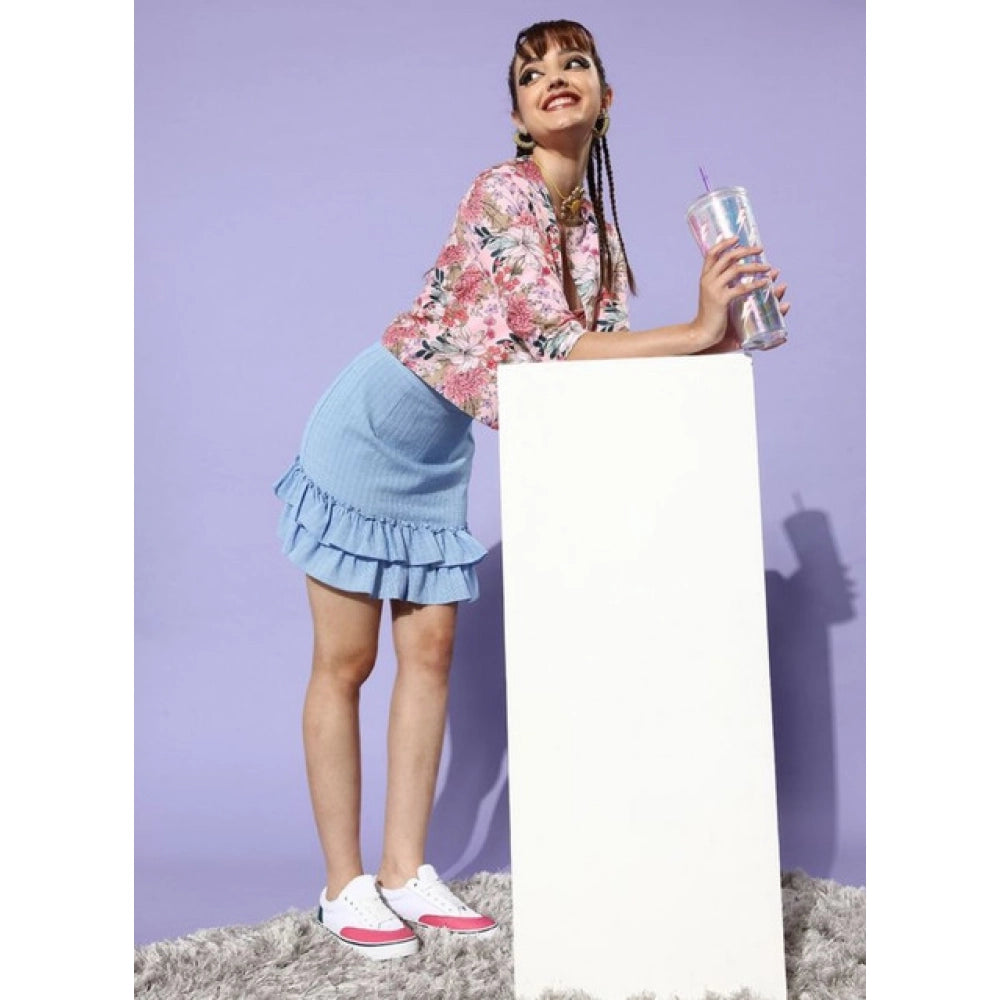 Peach polyester floral 3/4th sleeves shrug for women, front open neck, waist-length style