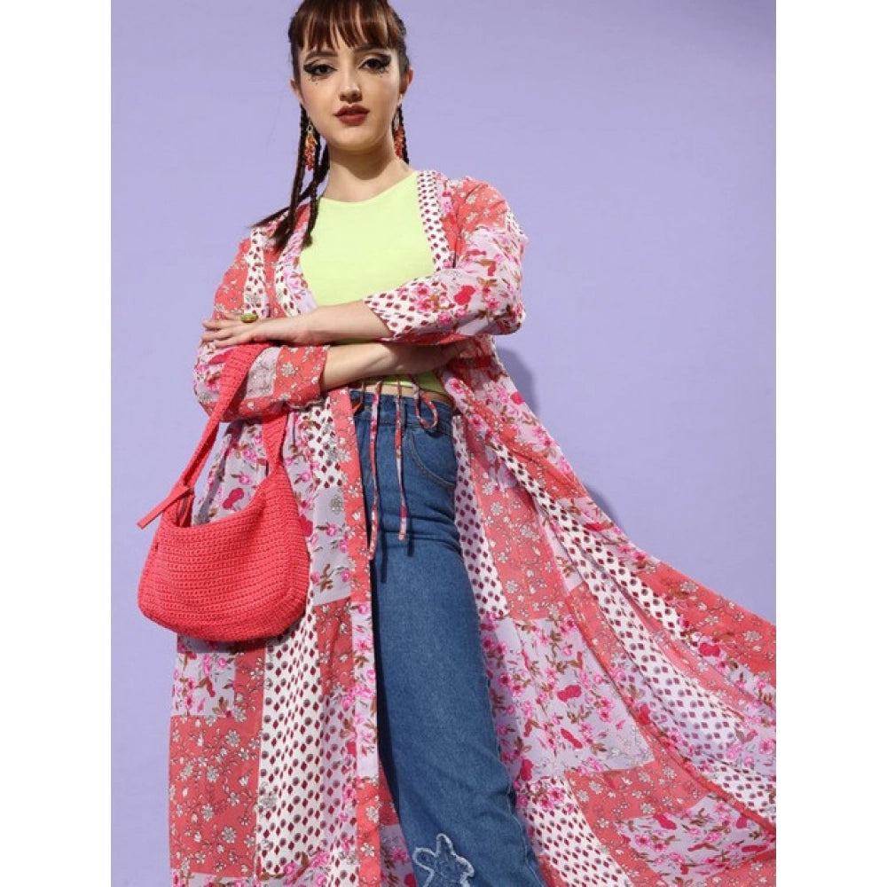 Pink-Coral polyester floral long sleeves shrug for women, V-neck, tie-up closure