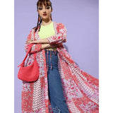 Pink-Coral polyester floral long sleeves shrug for women, V-neck, tie-up closure