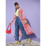 Pink-Coral polyester floral long sleeves shrug with V-neck and tie-up closure, ideal for women's casual wear