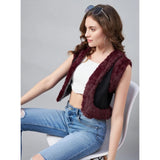 Black-maroon women's denim & fur solid sleeveless shrug, front open neck design, waist length