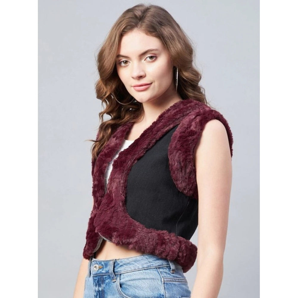 Black-maroon denim and fur solid sleeveless shrug for women, front open neck, waist length