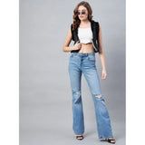 Black denim and fur sleeveless shrug for women, solid pattern, front open neck, waist length