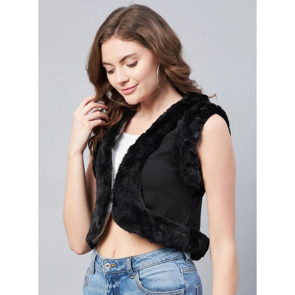 Black denim and fur sleeveless shrug for women, solid design with front open neck