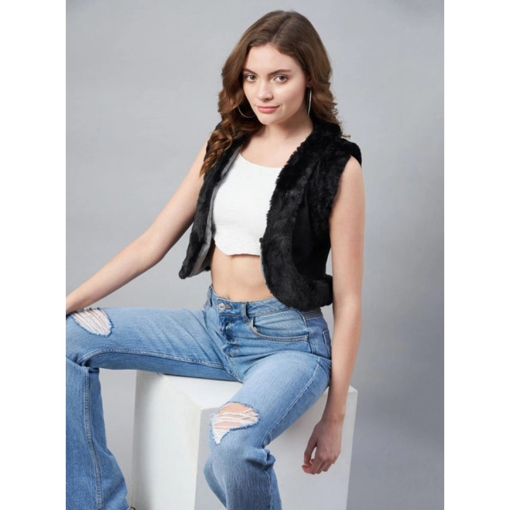 Black denim and fur sleeveless shrug for women, solid design with front open neck and waist-length cut
