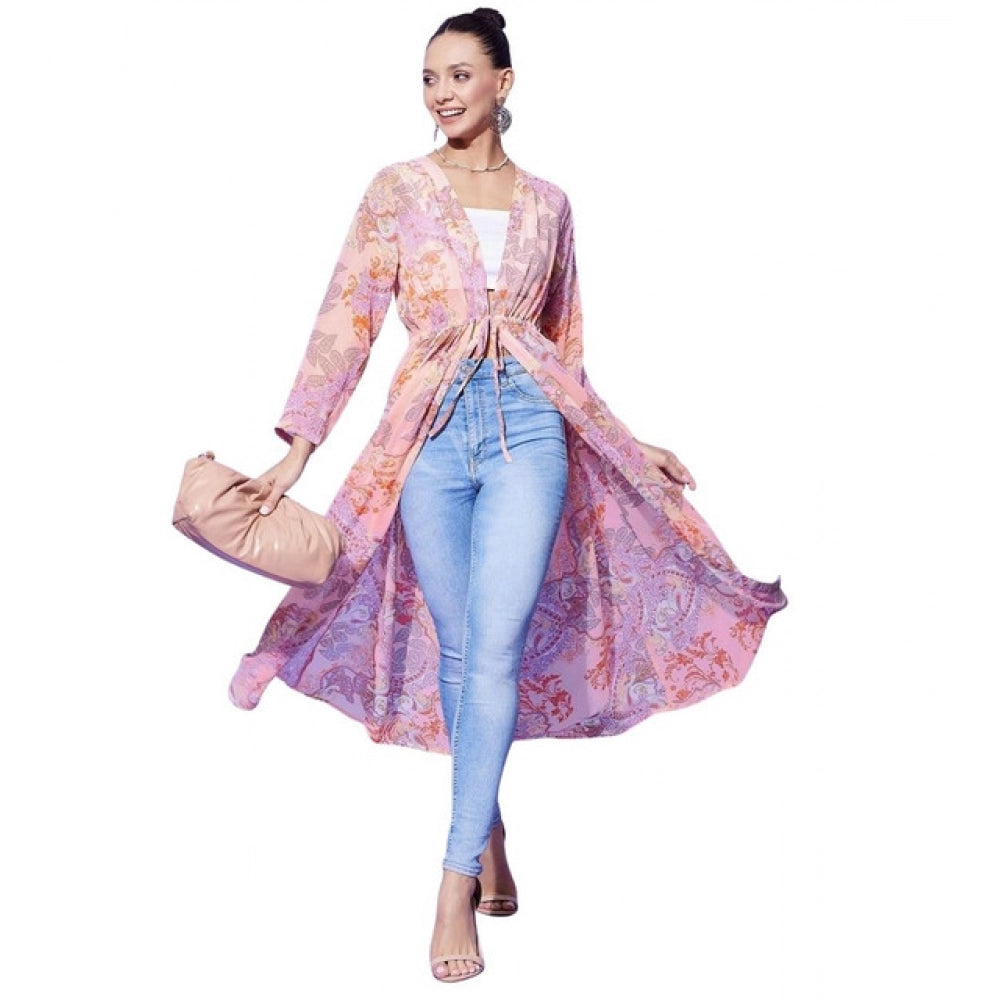 Peach polyester floral long sleeves shrug for women, V-neck with tie-up closure