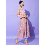 Peach polyester floral long sleeves shrug with V-neck, tie-up closure for women's casual wear