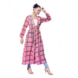 Pink polyester check long sleeves shrug, V-neck, tie-up closure, calf length