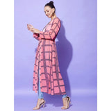 Pink polyester check long sleeves shrug with V-neck, tie-up closure, calf length