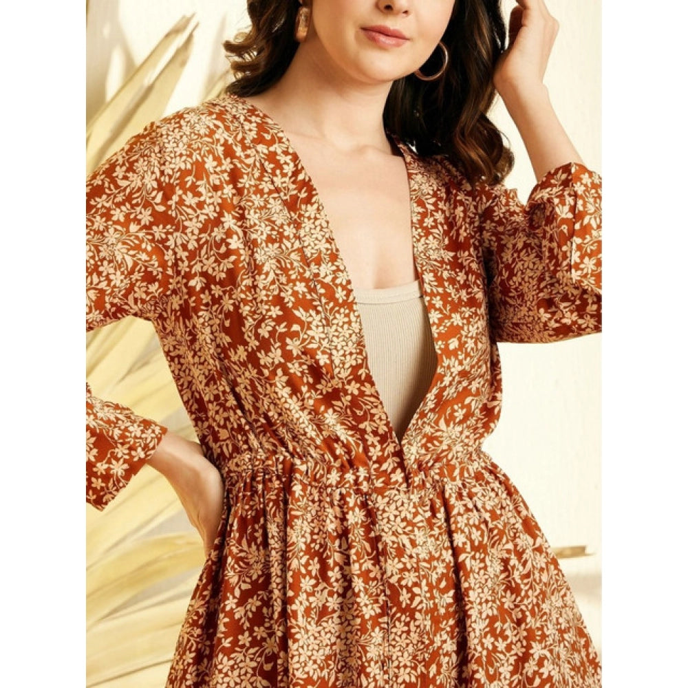 Brown polyester floral long sleeves shrug with v-neck and tie-up closure