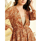 Brown polyester floral long sleeves shrug with v-neck and tie-up closure