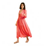 Pink polyester floral long sleeves shrug with V-neck and tie-up closure