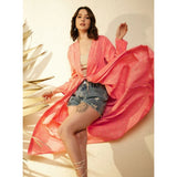 Pink polyester floral long sleeves shrug with V-neck, tie-up closure on model