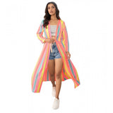 Multicolor polyester crepe printed long sleeves V-neck shrug with tie-up closure, women's fashion accessory on model