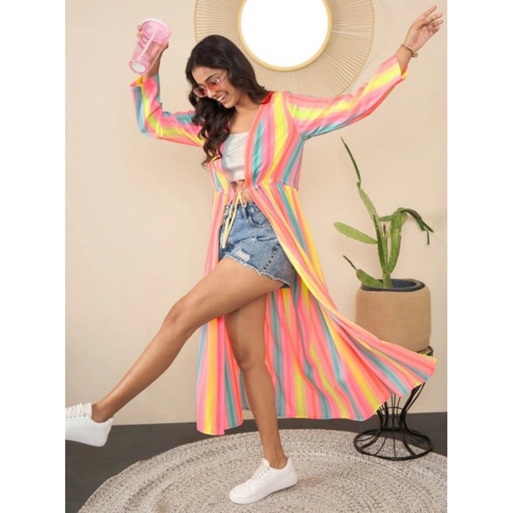 Multicolor polyester crepe long sleeve v-neck shrug with tie-up closure - women's printed shrug on mannequin