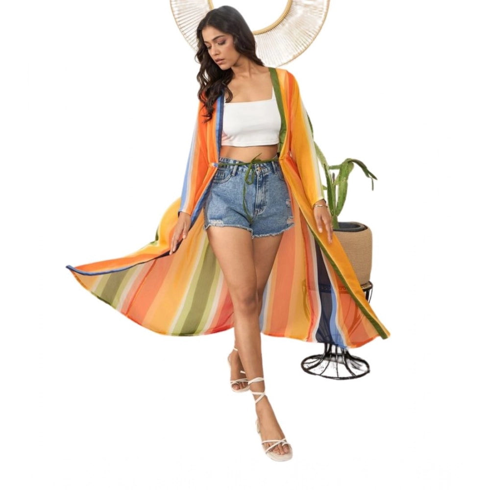 Multicolor polyester crepe printed long sleeve shrug for women, V-neck style with tie-up closure