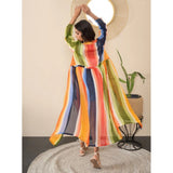 Multicolor polyester crepe printed long sleeve shrug for women, V-neck style with tie-up closure