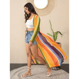 Multicolor polyester crepe printed long sleeves V-neck shrug with tie-up closure for women