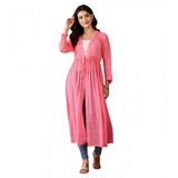 Pink chiffon self-design long sleeves shrug with v-neck, tie-up closure, calf length