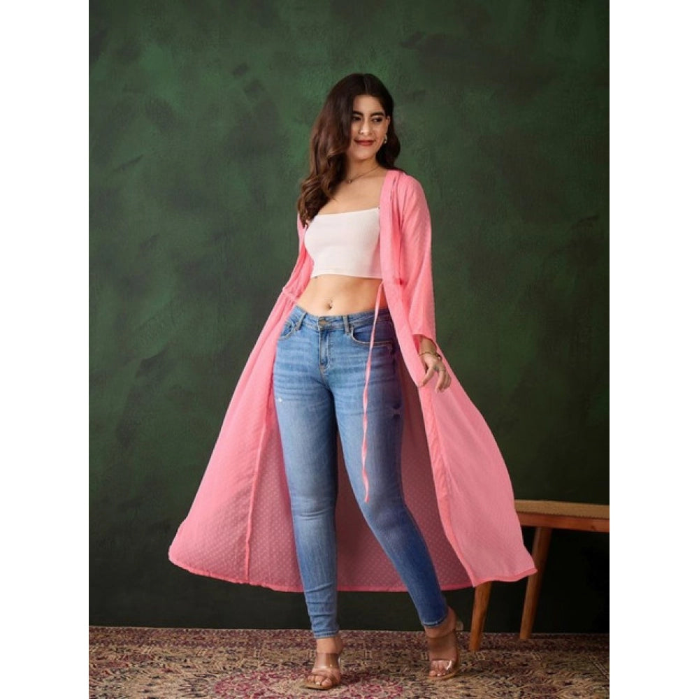Pink chiffon self-design long sleeves shrug, V-neck, tie-up closure, calf length