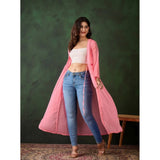 Pink chiffon self-design long sleeves shrug, V-neck, tie-up closure, calf length