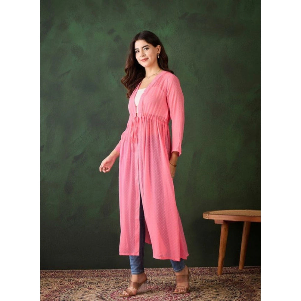 Pink chiffon self-design long sleeves shrug, V-neck, tie-up closure
