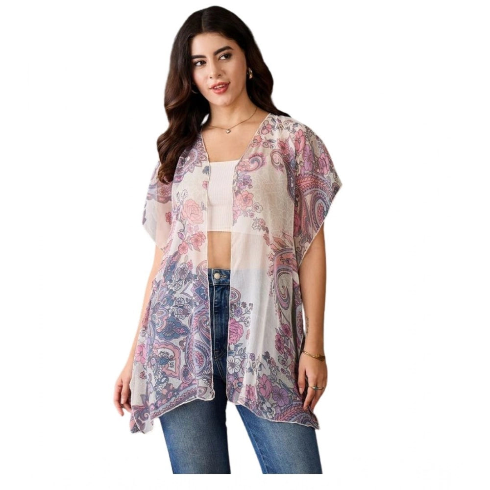 White-Purple chiffon printed short sleeves shrug for women, front open neck, on model