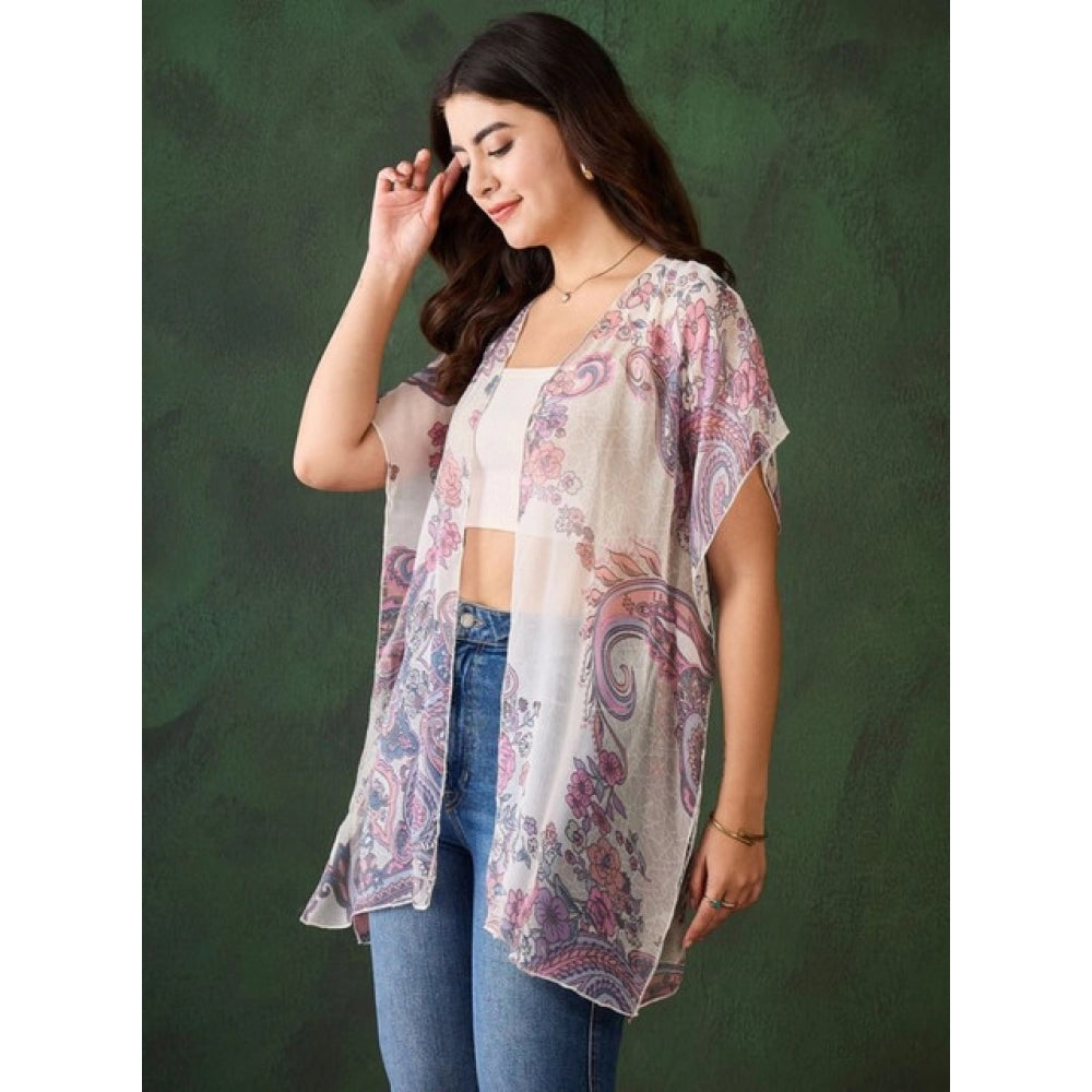 White-Purple chiffon printed short sleeves shrug for women, front open neck, thigh length