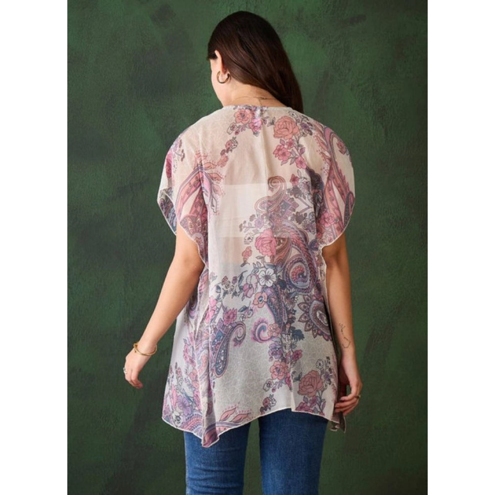 White-Purple chiffon printed short sleeves shrug for women on mannequin, front open neck, thigh length
