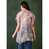 White-Purple chiffon printed short sleeves shrug for women on mannequin, front open neck, thigh length