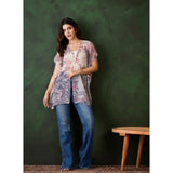 White-Purple chiffon printed short sleeves shrug for women, front open neck, thigh length on mannequin