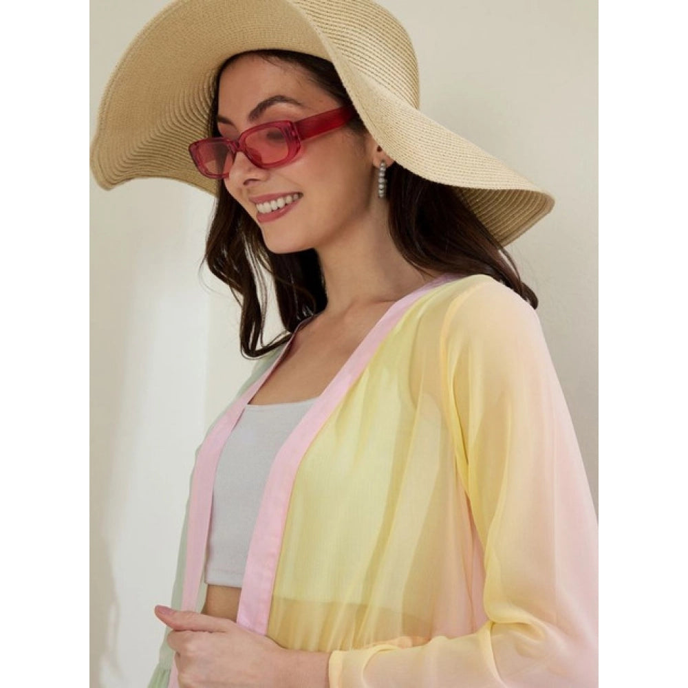 Multicolor Georgette ombre short sleeve shrug for women with V-neck, tie-up closure