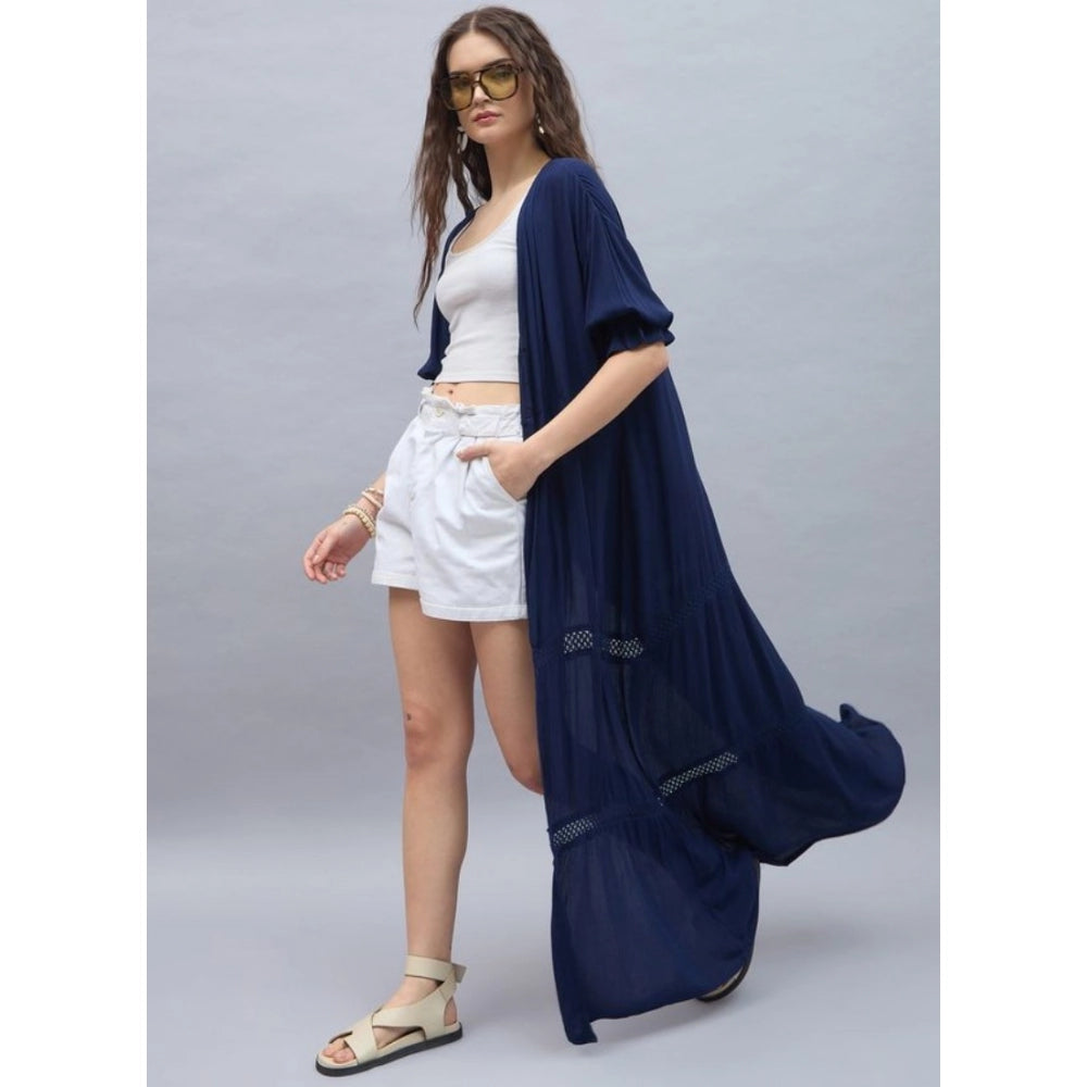 Navy Rayon Crepe Lace Inserts 3/4th sleeve shrug, women's fashion accessory with front open neck and calf length
