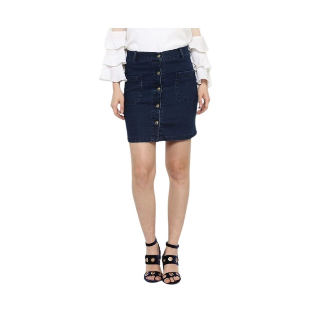 Blue denim front button skirt, above-knee length with button closure for women's fashion
