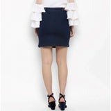 Blue denim front button skirt, above-knee length with button closure