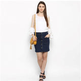 Blue denim front button skirt, above knee length with button closure for women's casual wear