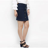 Blue denim front-button skirt, above knee length, buttoned waist