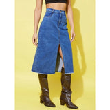 Women's Denim Solid Buttoned Skirt (Blue)