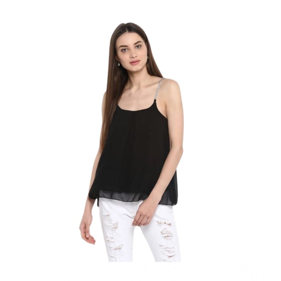 Black polyester embellished shoulder straps top for women, round neck and hip length