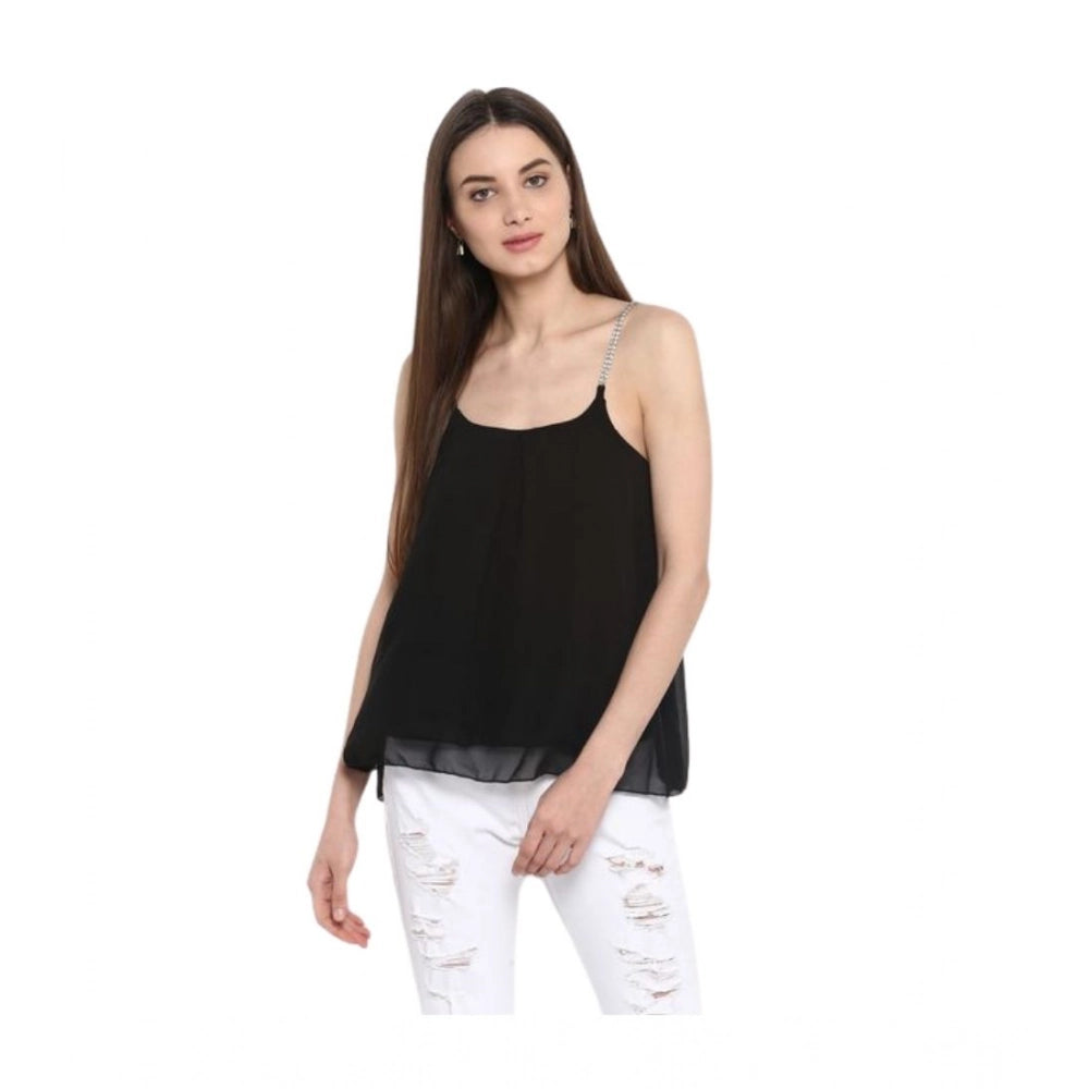 Black polyester embellished shoulder straps top for women, round neck and hip length