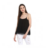 Black polyester embellished shoulder straps top for women, round neck and hip length