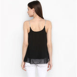 Black polyester embellished shoulder straps top for women, round neck, hip length
