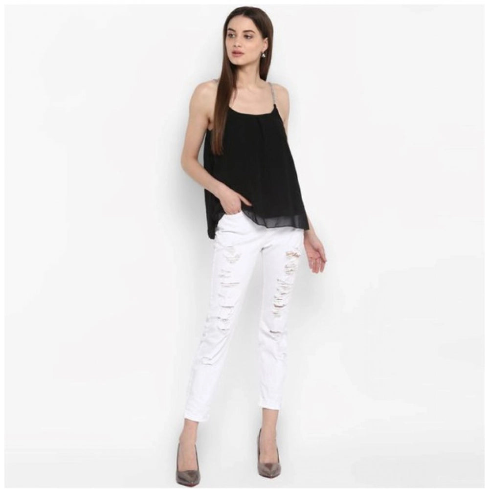 Black embellished polyester women's top with shoulder straps, hip length, round neck