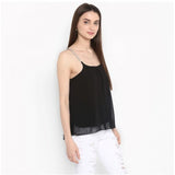 Black polyester embellished shoulder straps top, women's fashion accessory with rounded neckline, hip length