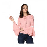Pink polyester solid bell sleeve top for women, hip length with round neck and pull-on closure